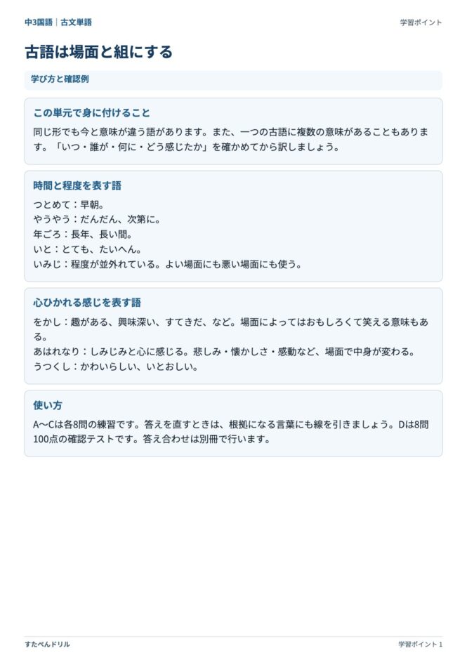 中3国語「古文単語」の学習ポイントプリント｜つとめて・やうやう・をかし・あはれなりなどの意味