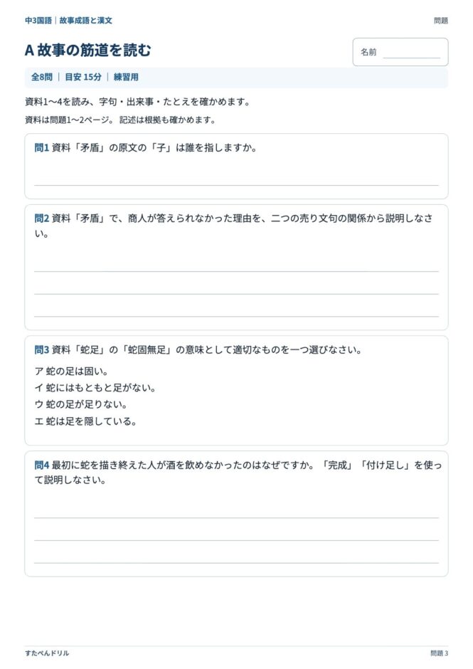 中3国語「故事成語と漢文」の問題プリント 3ページ目｜A 故事の筋道を読む