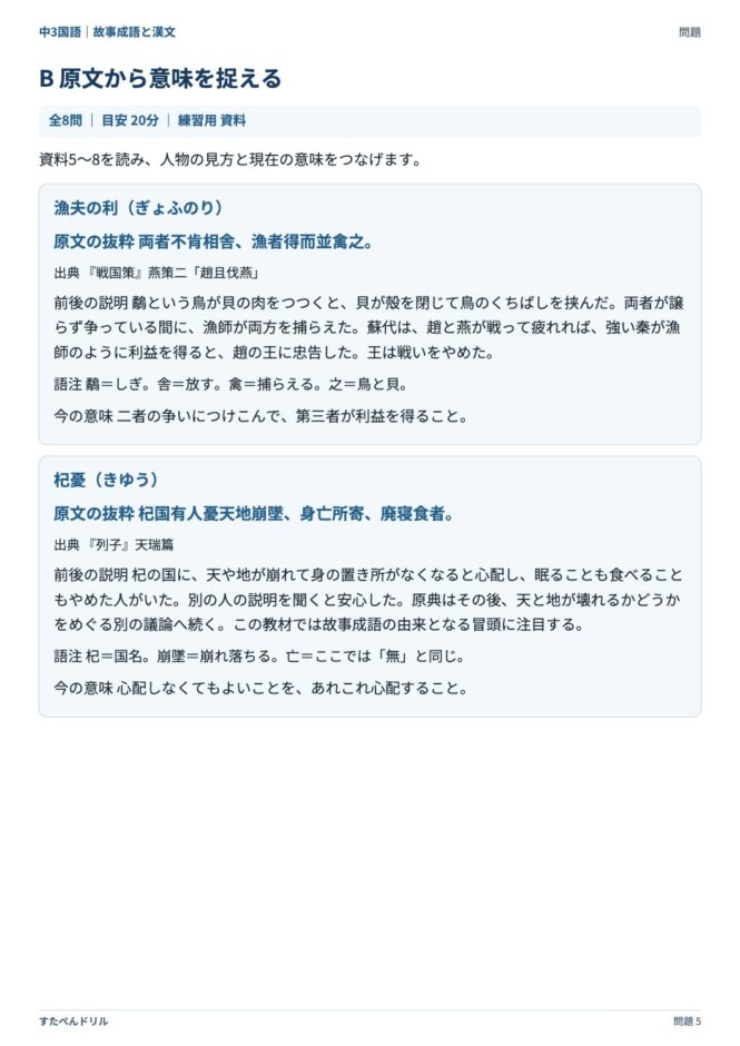 中3国語「故事成語と漢文」の問題プリント 5ページ目｜B 原文から意味を捉える（資料）