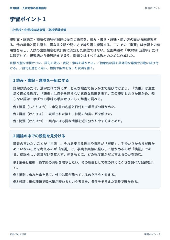 中3国語「入試対策の重要語句」の学習ポイントプリント|読み・表記・意味を一組にする・主張と根拠