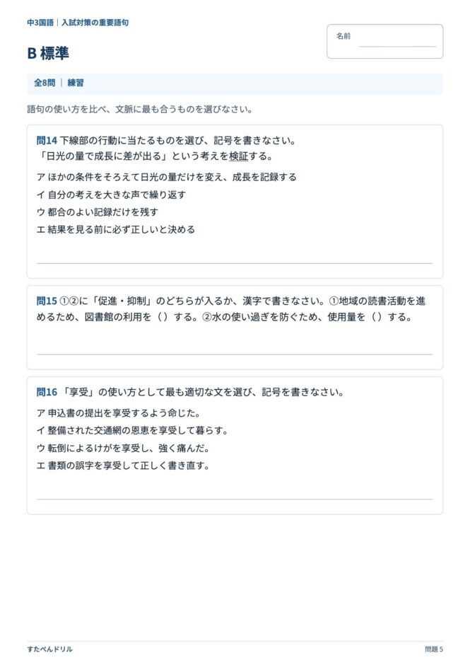 中3国語「入試対策の重要語句」の問題プリント 5ページ目｜B 標準