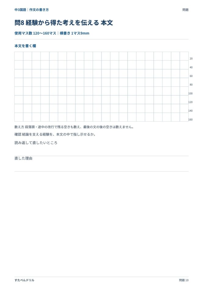 中3国語「作文の書き方」の問題プリント 10ページ目｜応用 問8（本文を書く欄）