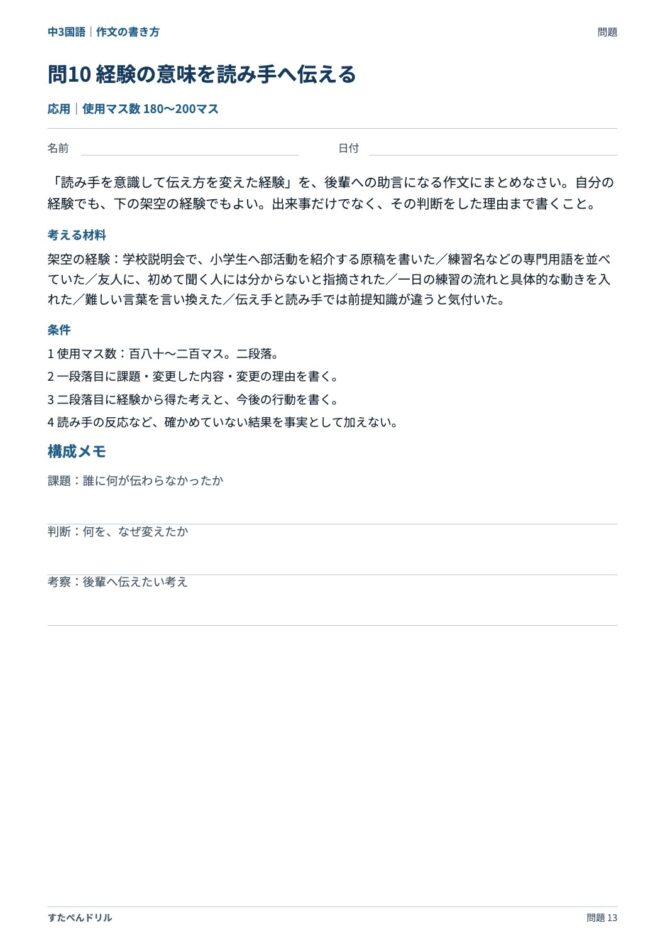 中3国語「作文の書き方」の問題プリント 13ページ目｜応用 問10