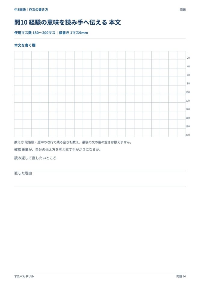 中3国語「作文の書き方」の問題プリント 14ページ目｜応用 問10（本文を書く欄）