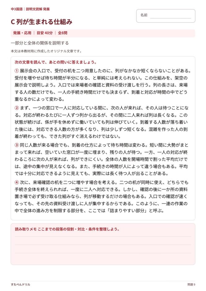 中3国語「説明文読解 発展」の問題プリント 9ページ目｜C 列が生まれる仕組み（本文）