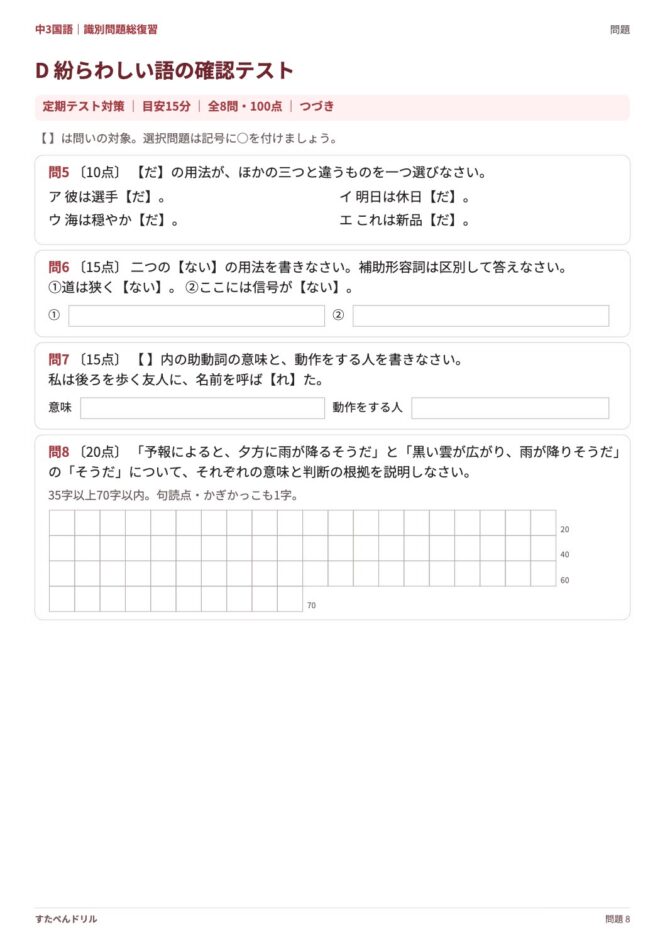 中3国語「識別問題 総復習」の問題プリント 8ページ目｜確認テスト