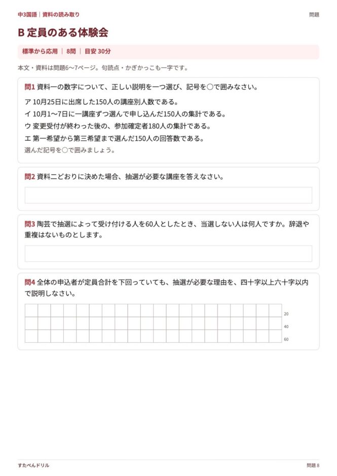 中3国語「資料の読み取り」の問題プリント 8ページ目｜B 定員のある体験会（設問）
