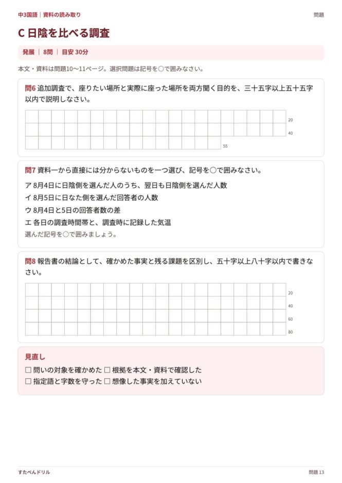 中3国語「資料の読み取り」の問題プリント 13ページ目｜C 日陰を比べる調査（設問）
