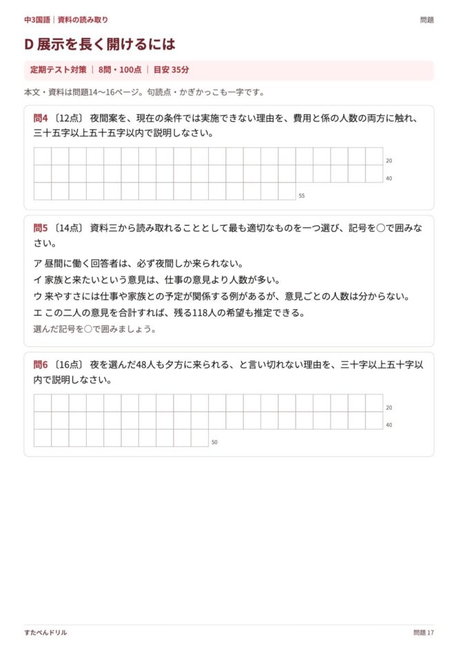 中3国語「資料の読み取り」の問題プリント 17ページ目｜D 展示を長く開けるには（設問）
