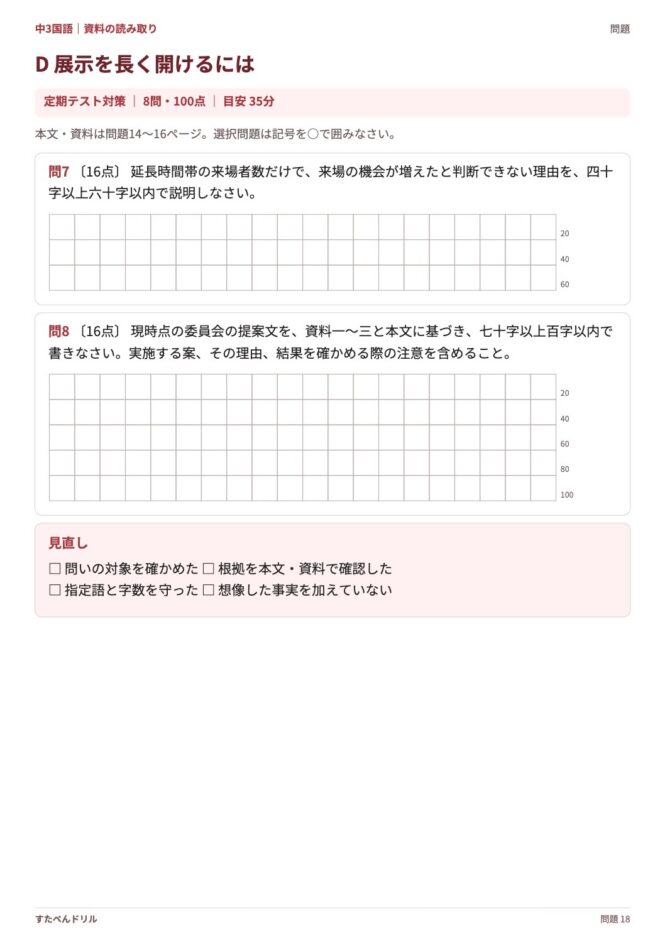中3国語「資料の読み取り」の問題プリント 18ページ目｜D 展示を長く開けるには（設問）
