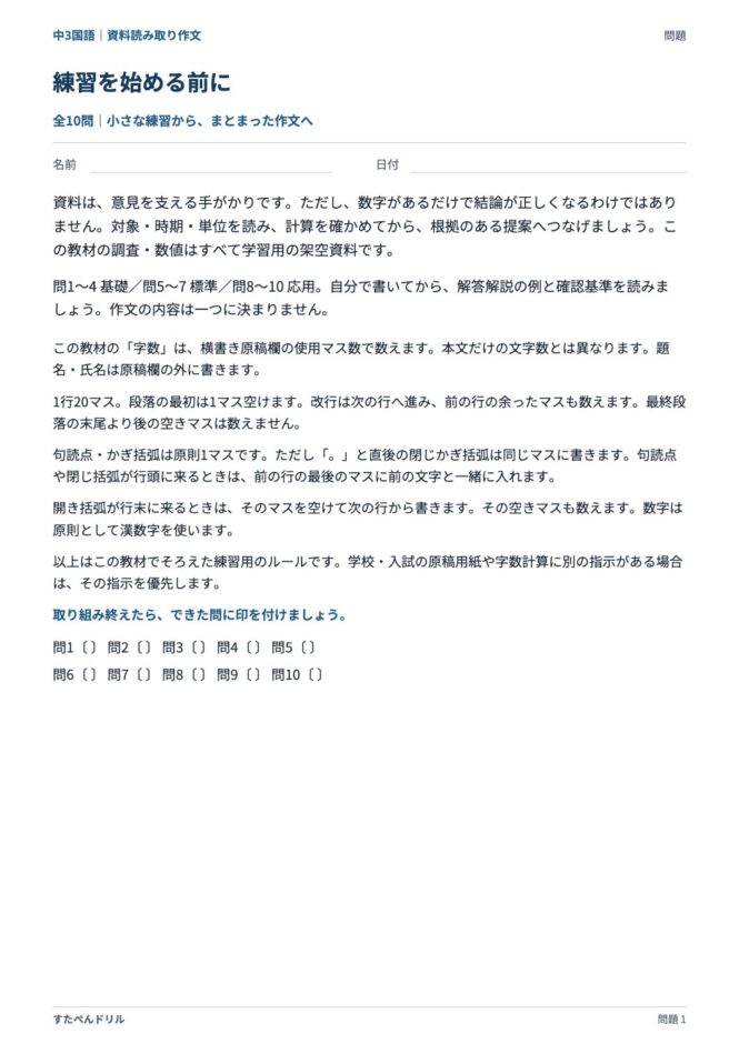 中3国語「資料読み取り作文」の問題プリント 1ページ目｜練習を始める前に