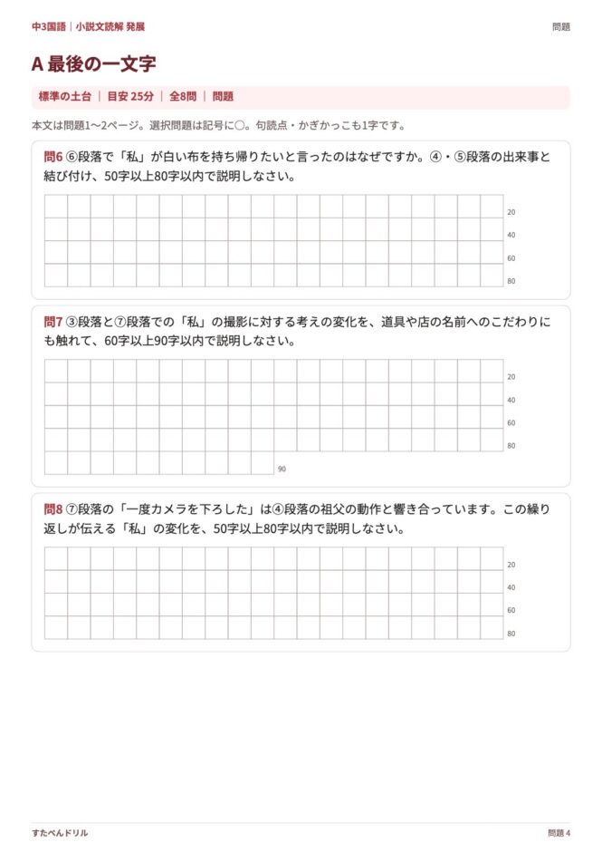 中3国語「小説文読解 発展」の問題プリント 4ページ目｜A 最後の一文字（設問）