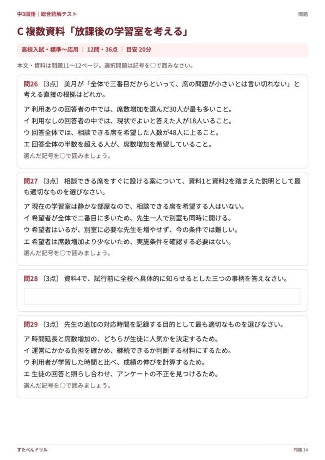 中3国語「総合読解テスト」の問題プリント 14ページ目｜C 複数資料「放課後の学習室を考える」（設問）