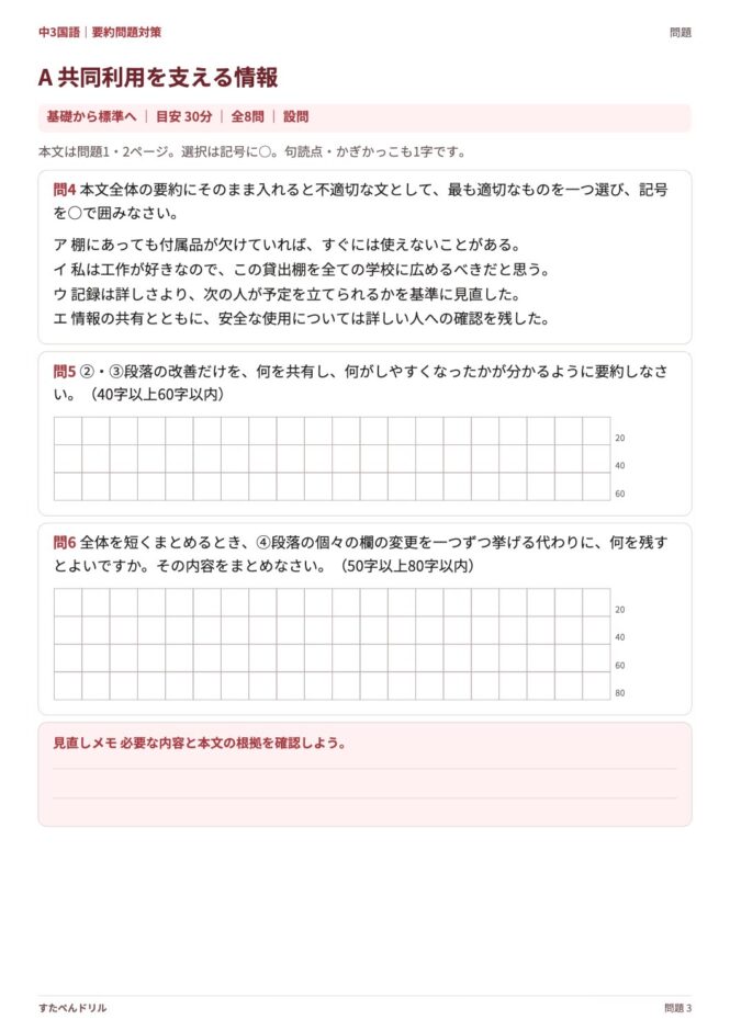 中3国語「要約問題対策」の問題プリント 3ページ目｜A 共同利用を支える情報（設問）