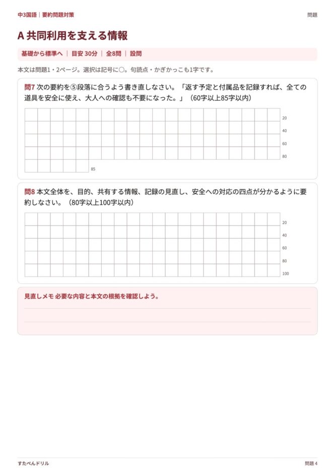 中3国語「要約問題対策」の問題プリント 4ページ目｜A 共同利用を支える情報（設問）