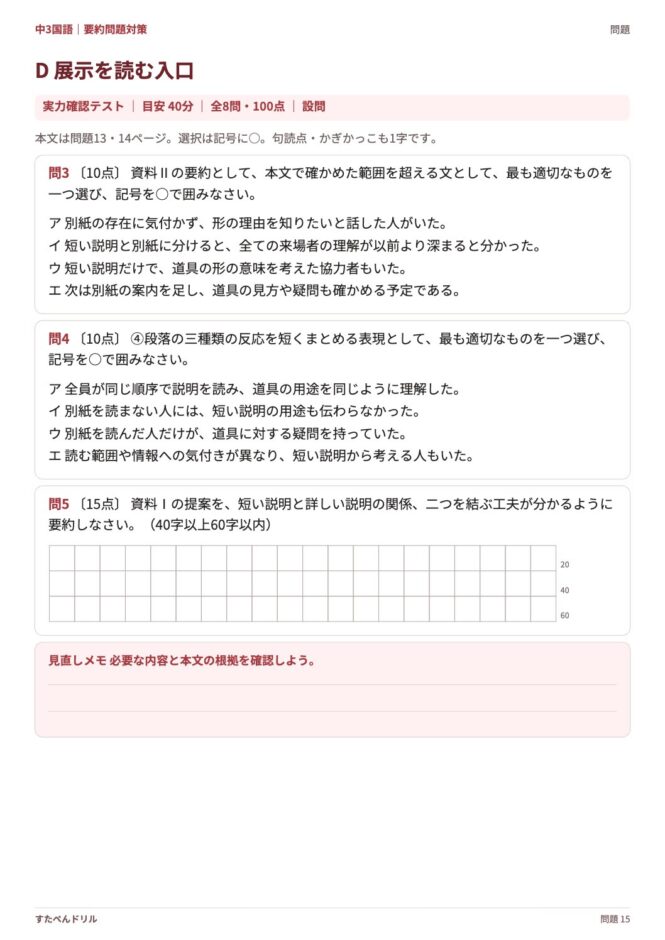 中3国語「要約問題対策」の問題プリント 15ページ目｜D 展示を読む入口（設問）