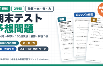 中1理科 2学期期末テスト予想問題 無料プリント（身のまわりの物質・光・音・力／全8大問・40問・100点満点・解答解説つき）