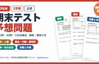中3社会 2学期期末テスト予想問題 無料プリント（公民：日本国憲法・人権・民主政治・国会・内閣・裁判所・地方自治・消費と市場／全8大問・40問・100点満点・解答解説つき）