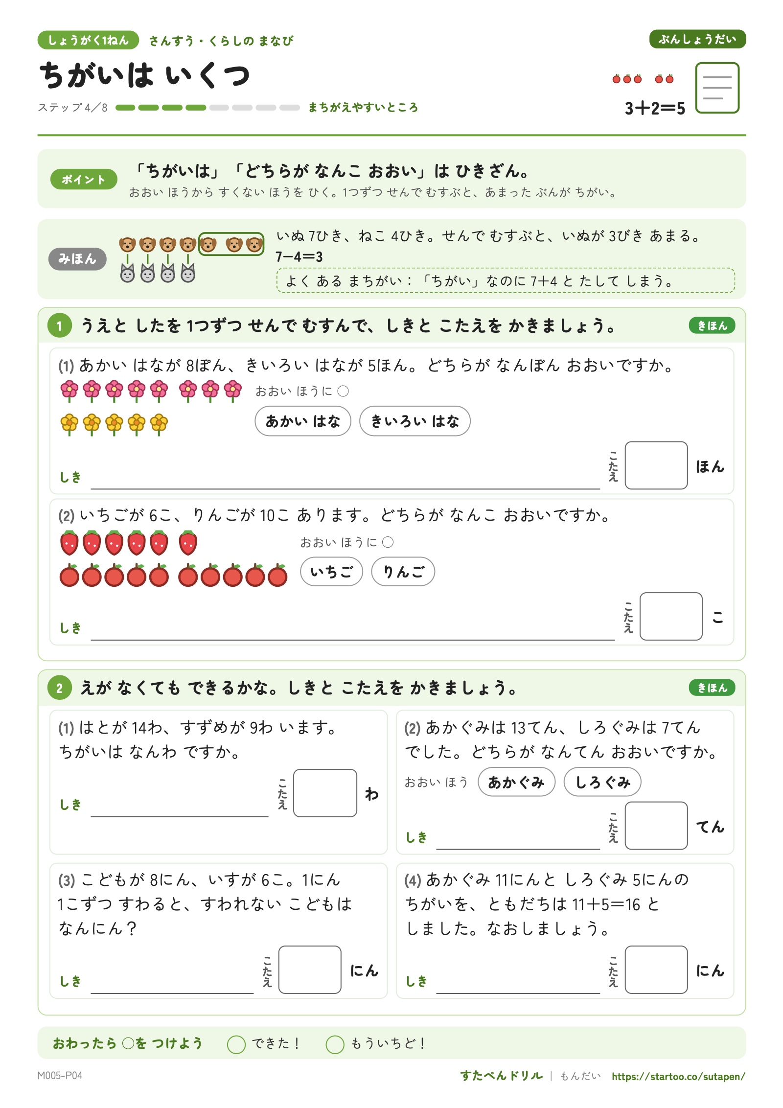 ちがいはいくつ・ステップ4。花や果物の絵を対応させ、数の違いを求める文章問題