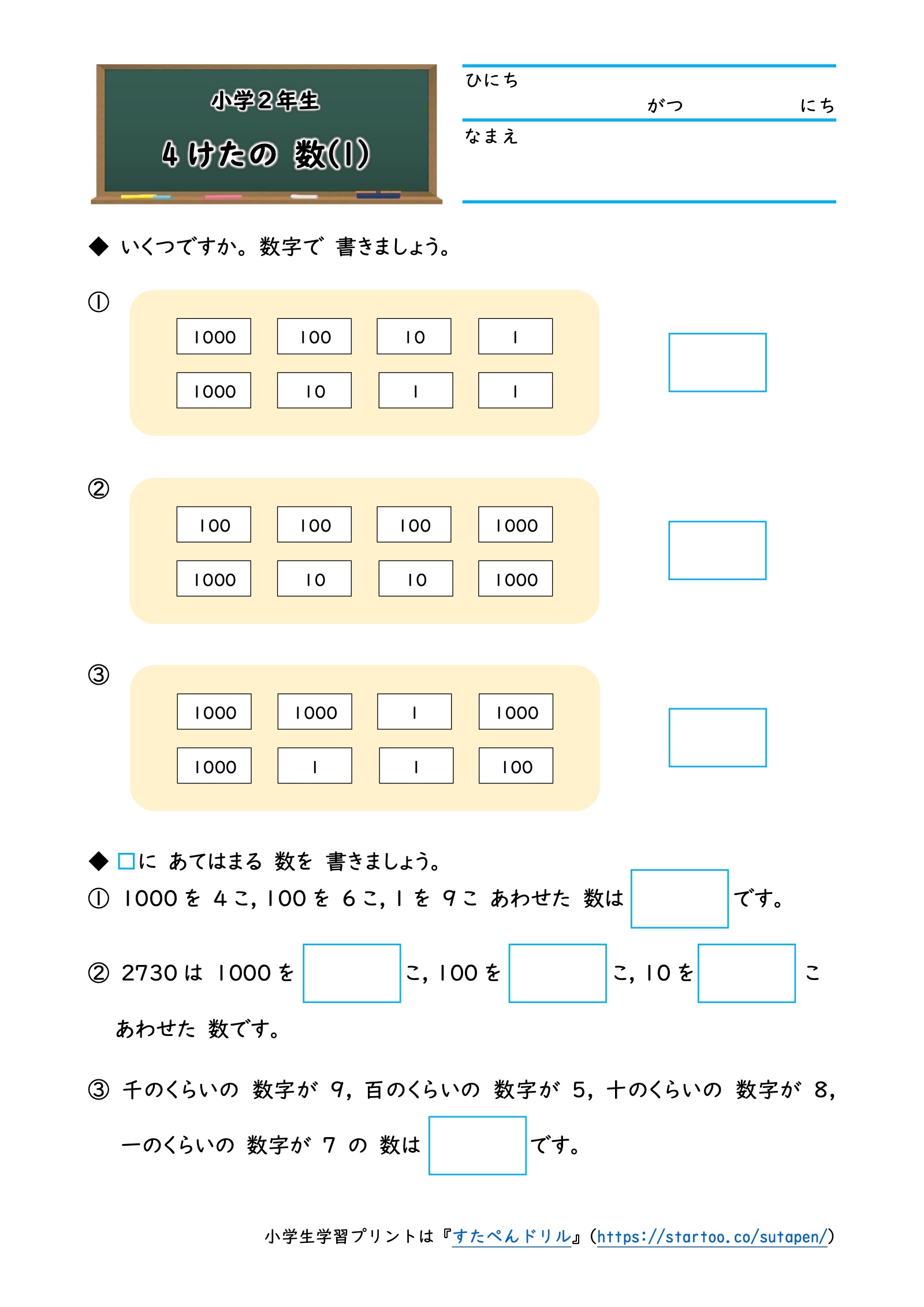 4けたの数（1）：数のカードと4609・2730・9587の位取り