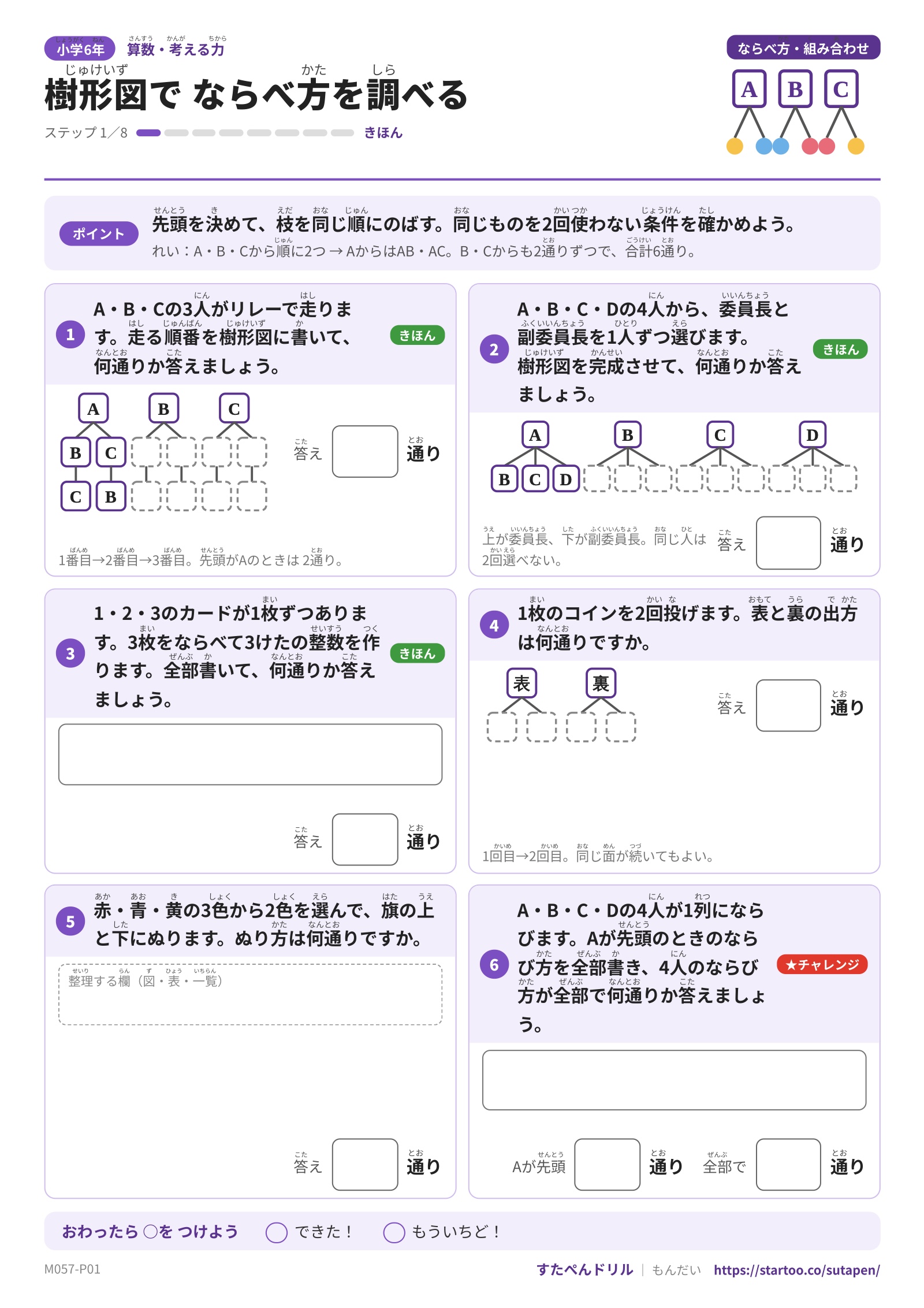 リレーの順番、委員長と副委員長、コインの出方を樹形図で調べる小6算数プリント