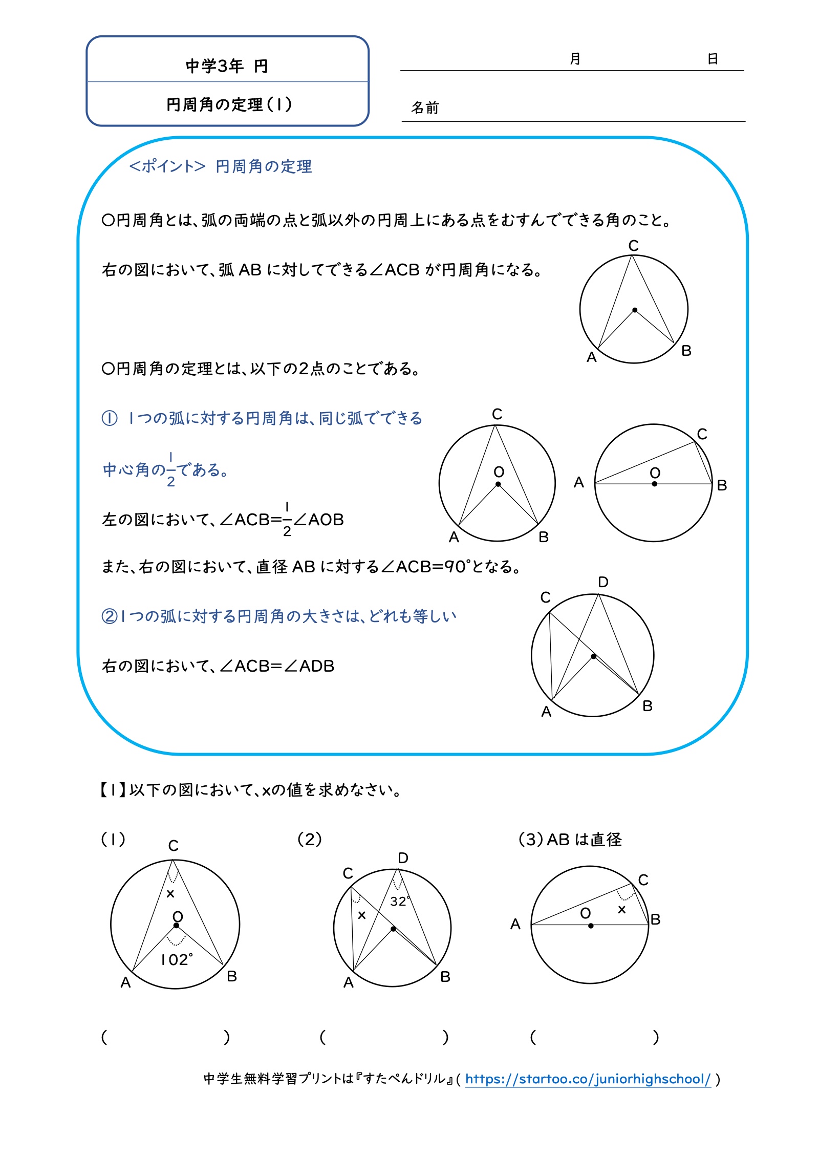 円周角の定理(1)の実物問題プリント。中心角102度から求める角、同じ弧に対する角、直径に対する角の3問。
