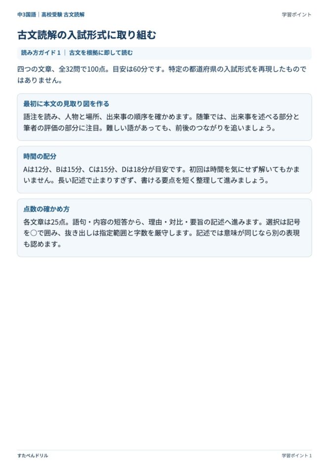 高校受験国語「古文読解」の学習ポイントプリント|入試形式の古文の読み方と時間配分