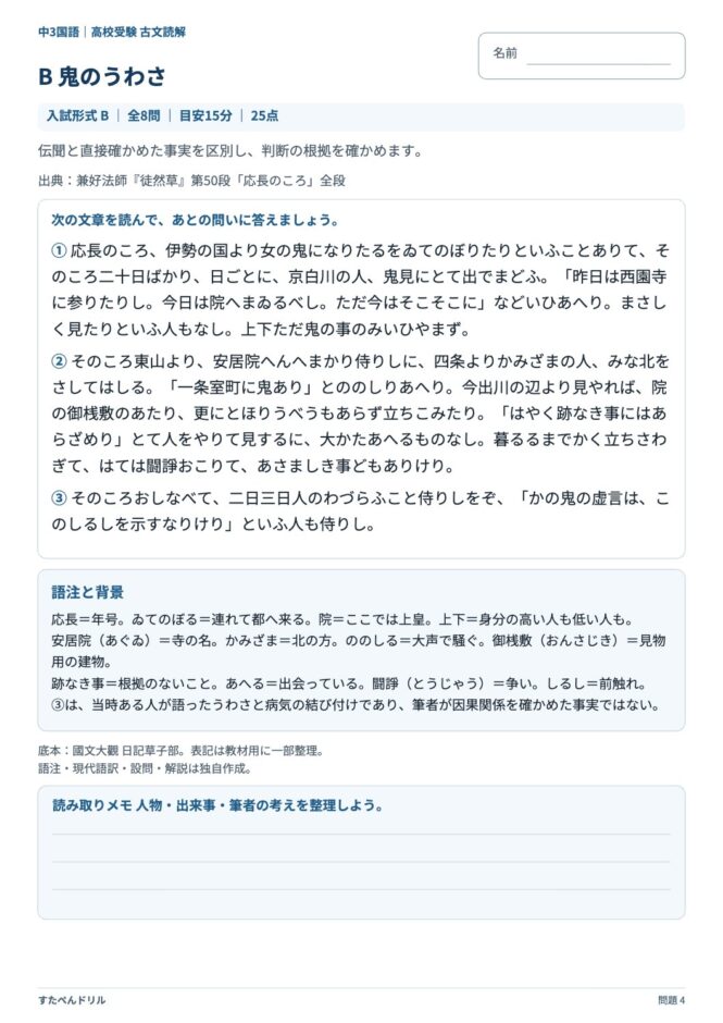 高校受験国語「古文読解」の問題プリント 4ページ目｜B 鬼のうわさ（本文）