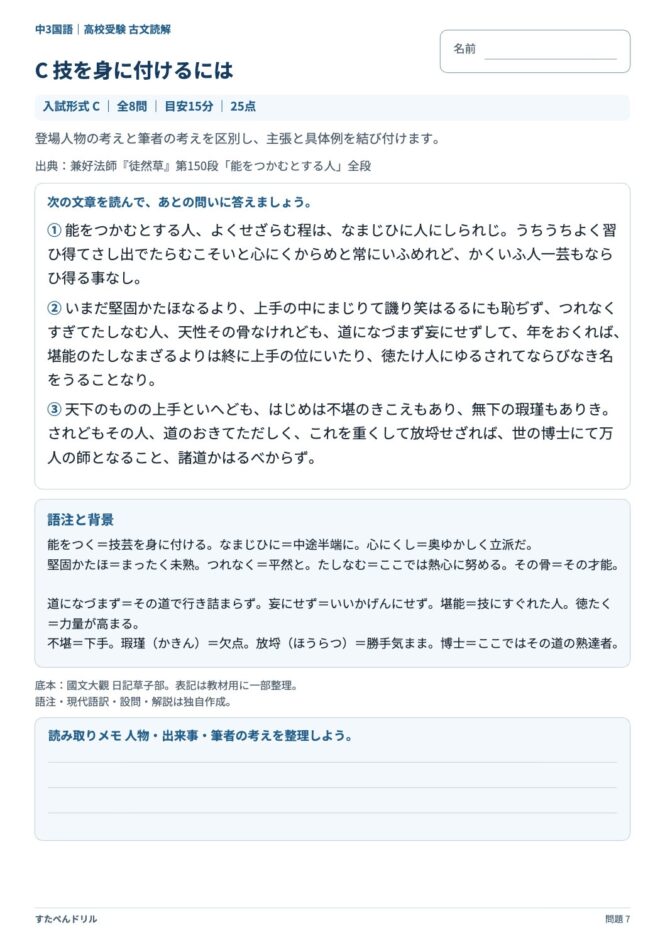 高校受験国語「古文読解」の問題プリント 7ページ目｜C 技を身に付けるには（本文）