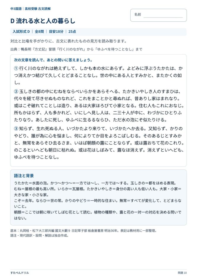 高校受験国語「古文読解」の問題プリント 10ページ目｜D 流れる水と人の暮らし（本文）