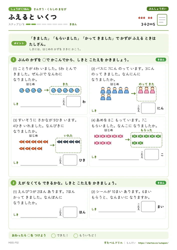 小1算数 文章題「ふえると いくつ」練習プリント（ステップ2 きほん）