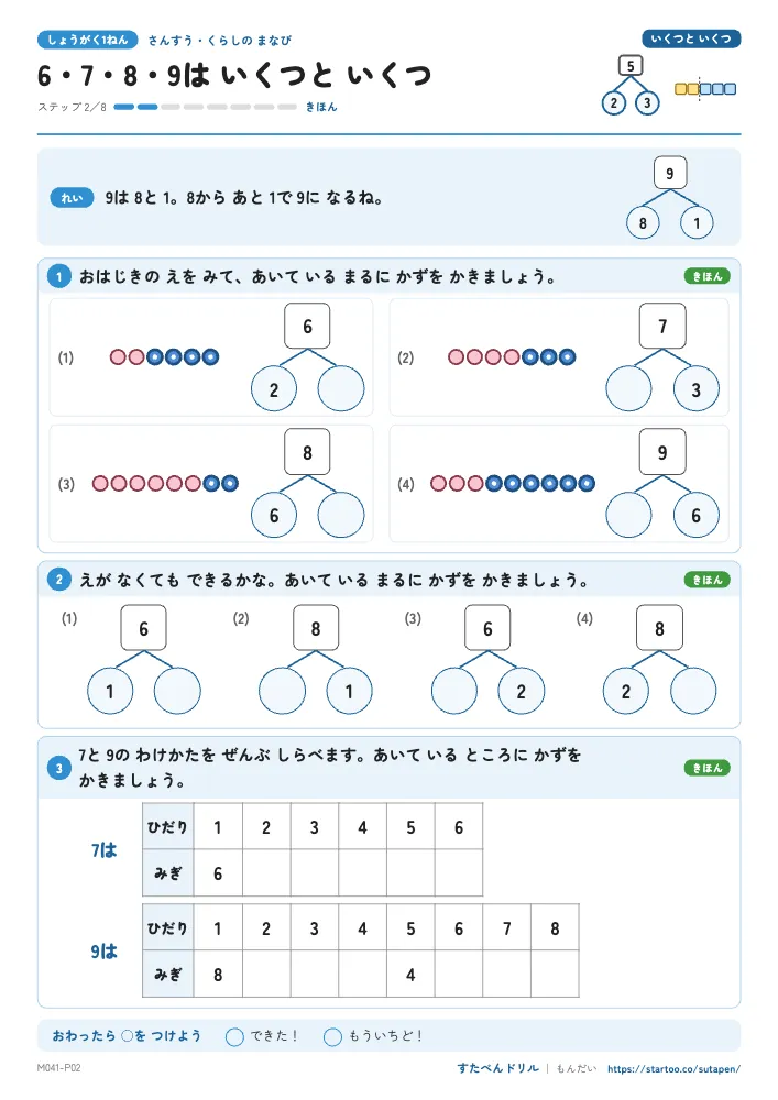 小1算数 いくつといくつ「6・7・8・9は いくつと いくつ」練習プリント(ステップ2 きほん)