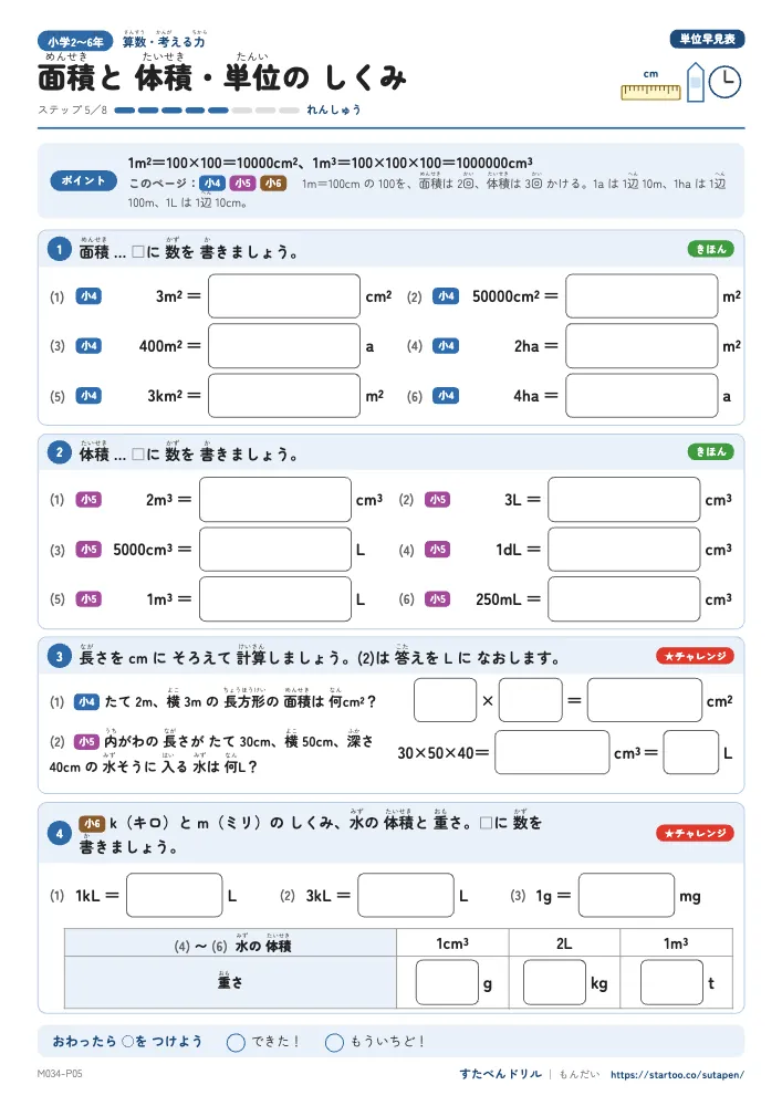 小2〜6算数 単位の早見表「面積と体積・単位のしくみ」練習プリント(ステップ5 れんしゅう)