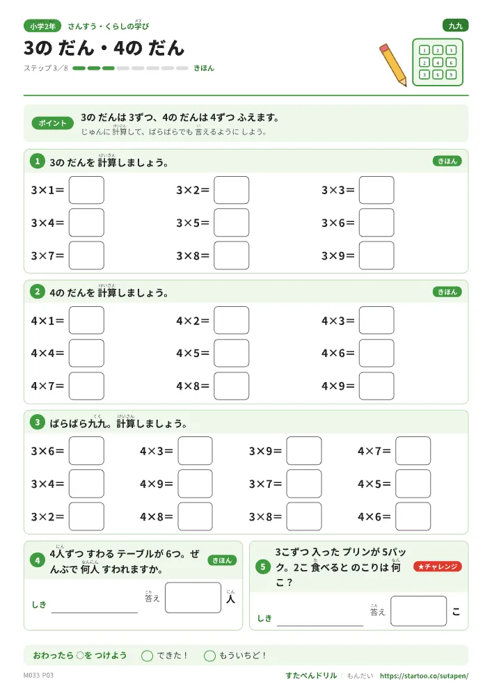 小2算数 かけ算と九九「3のだん・4のだん」練習プリント(ステップ3 きほん)