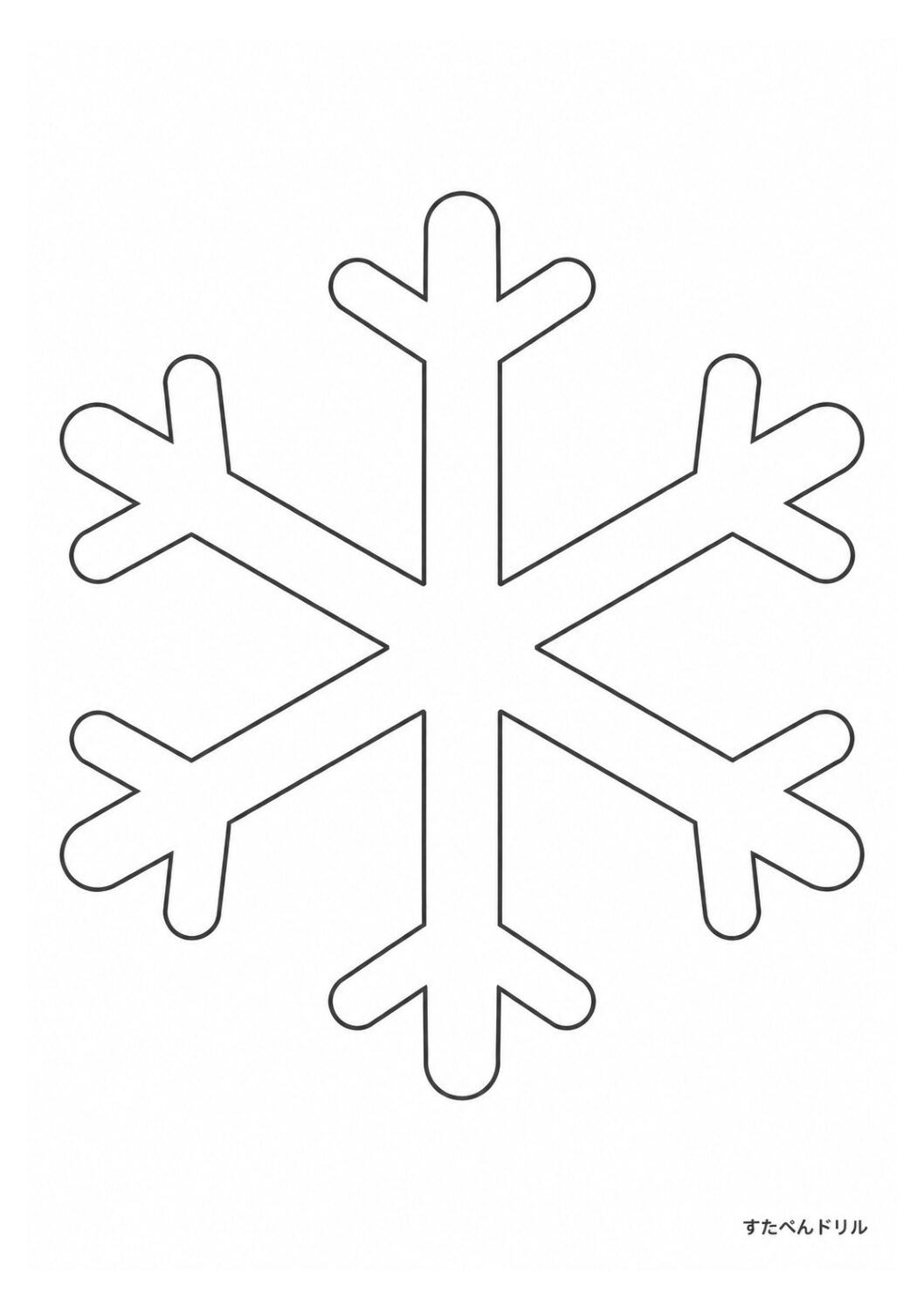 A4用紙に大きな雪の結晶1個を配置した輪郭線のみの白黒型紙