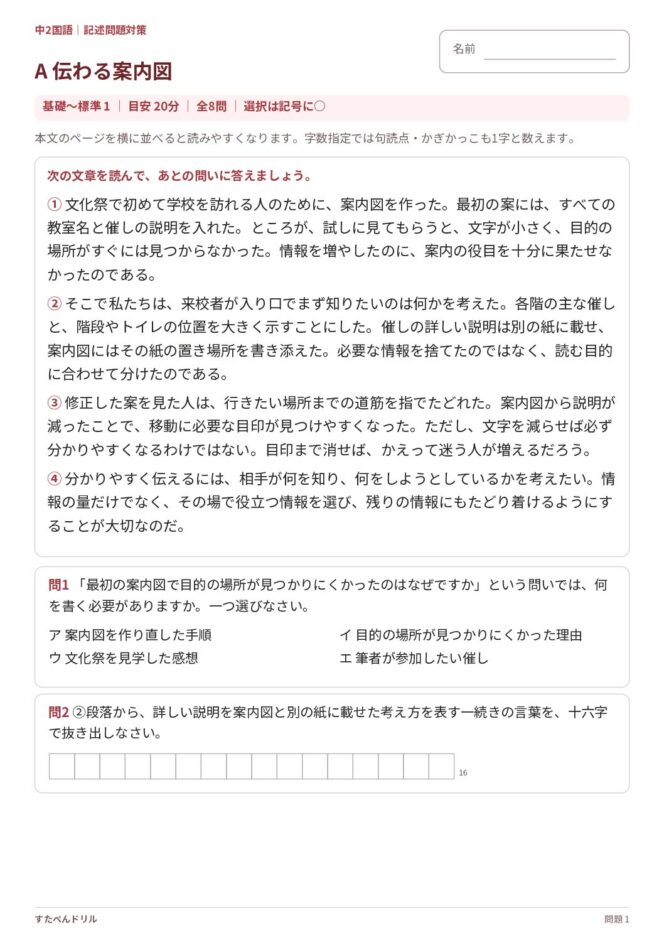 中2国語「記述問題対策」の問題プリント|セットA「伝わる案内図」基礎〜標準の読解問題