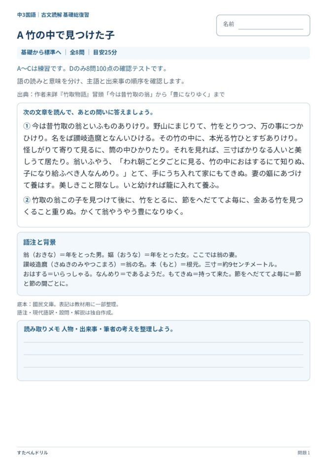 中3国語「古文読解 基礎総復習」の問題プリント|セットA『竹取物語』冒頭の本文と語注