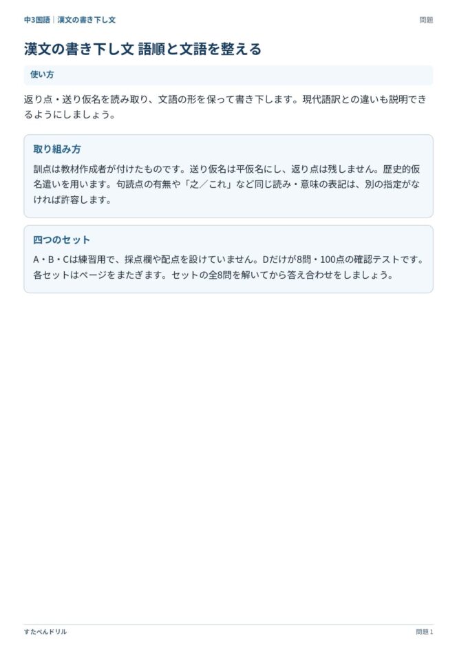 中3国語「漢文の書き下し文」の問題プリント|使い方と四つのセットの説明