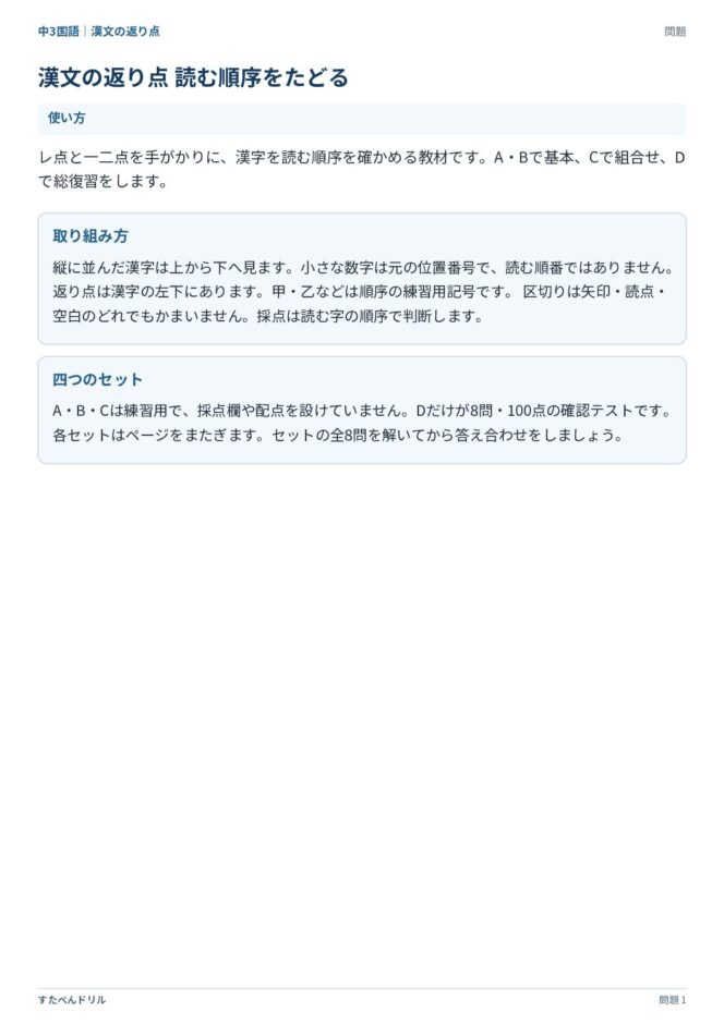 中3国語「漢文の返り点」の問題プリント|使い方と四つのセットの説明