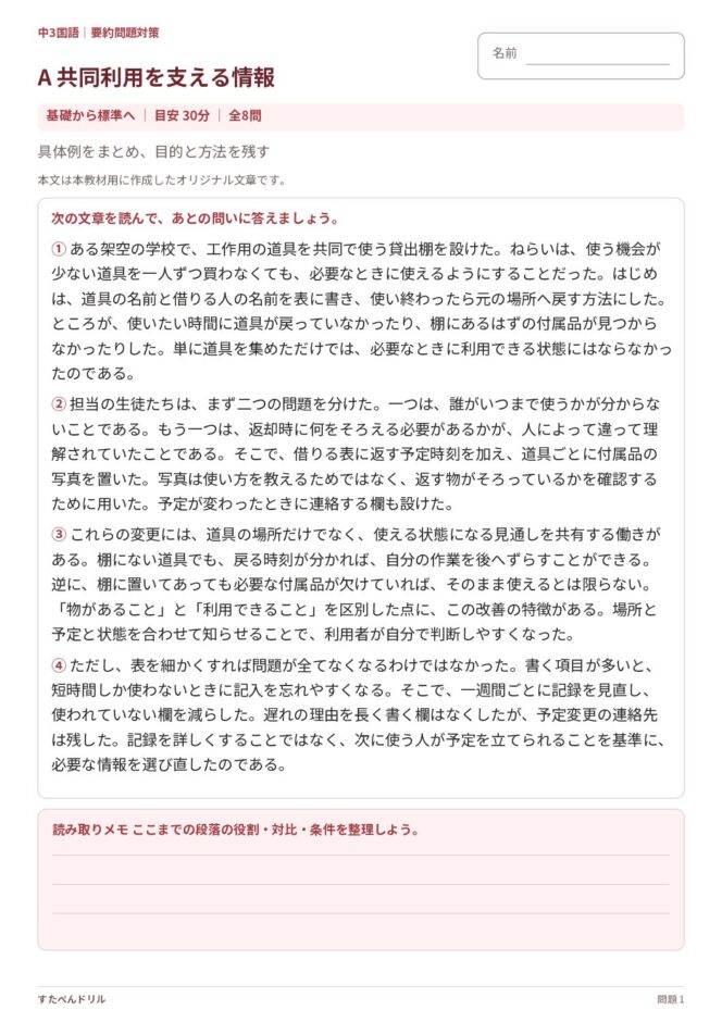 中3国語「要約問題対策」の問題プリント|セットA「共同利用を支える情報」具体例をまとめて要約する問題